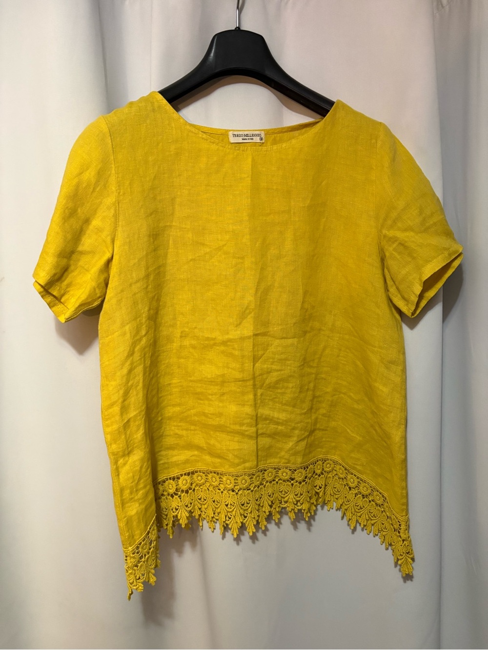 Bright Yellow Linen Crochet-Hem Short Sleeve Top by TSEMO MILANO